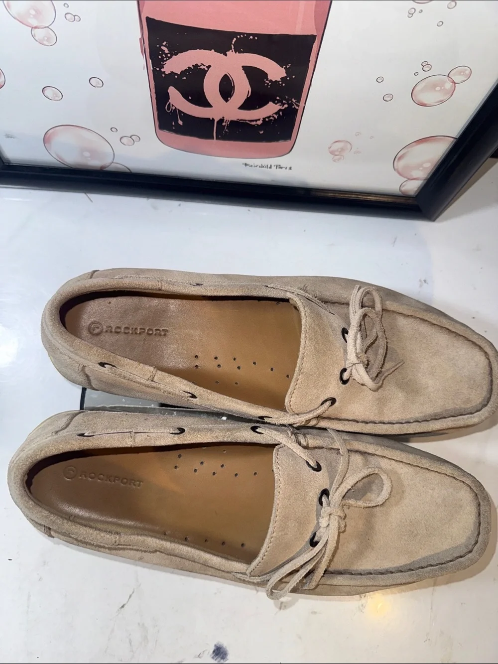 Rockport Beige Suede Men's Boat Shoes - Lace Moccasin Style - Size 12M